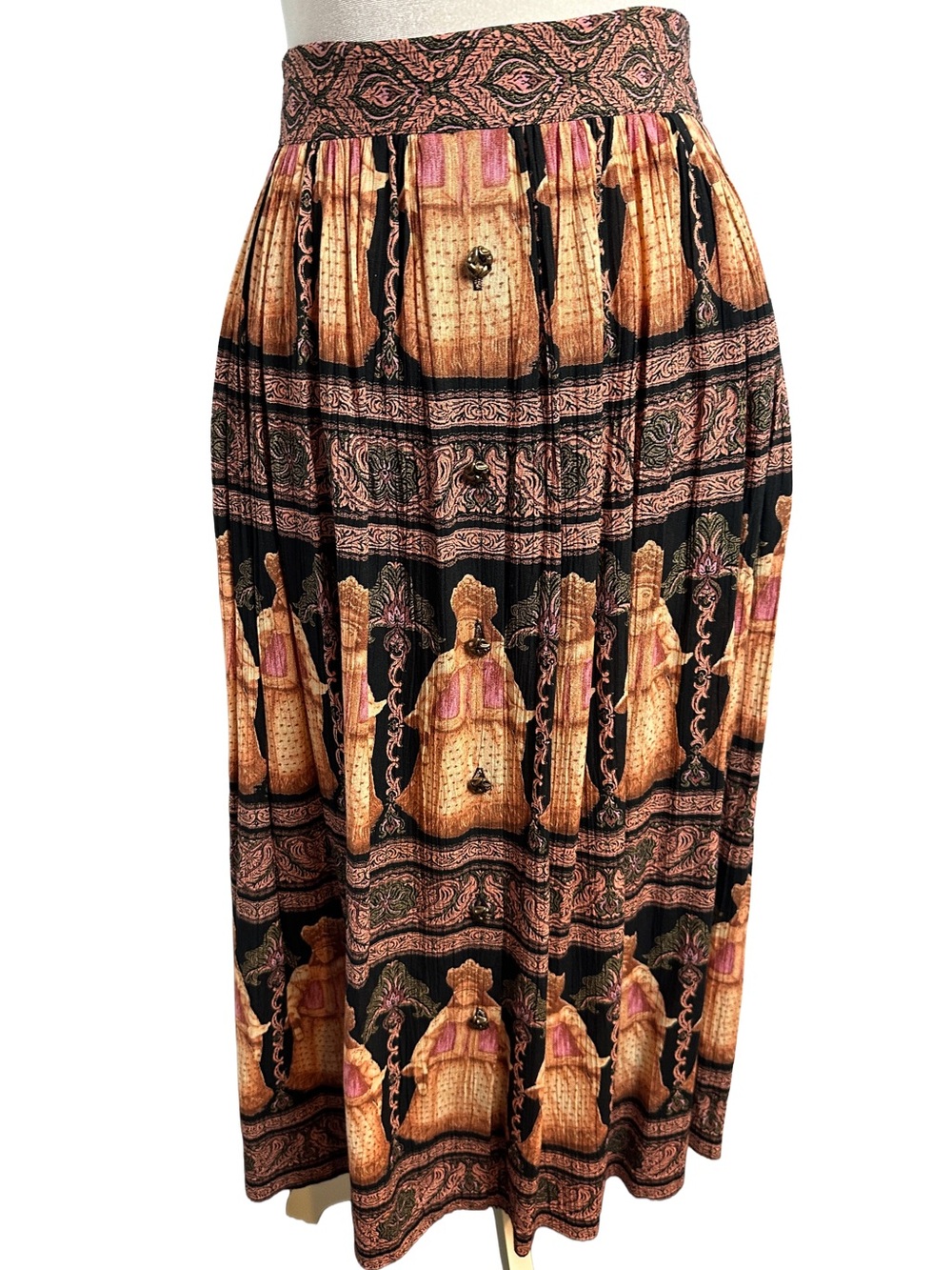 Vintage Bohemian Printed Button Front Midi Skirt in Black and Gold